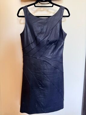 Vakko Navy Leather Midi Sheath Dress